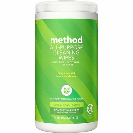 METHOD Wipes, Cleaning, Plant-based, Lime&Salt, 70/Tub, White MTH338525